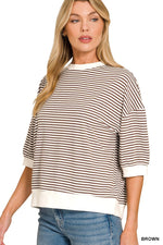 Striped Contrast Trim Rib Banded Top - Brown