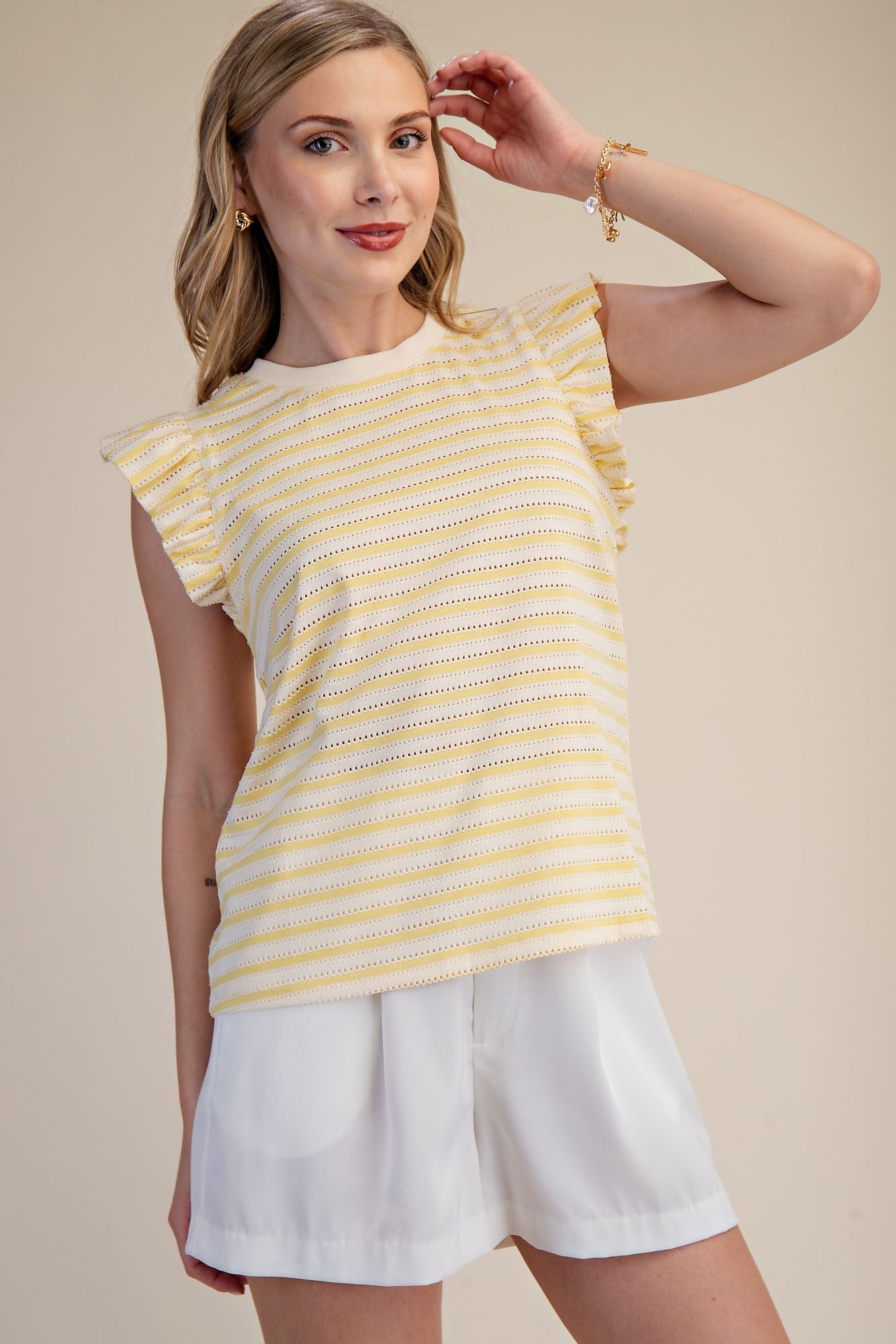 Striped Ruffle Short Sleeve Top - Yellow