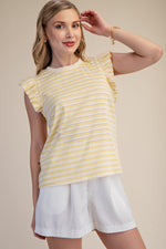Striped Ruffle Short Sleeve Top - Yellow