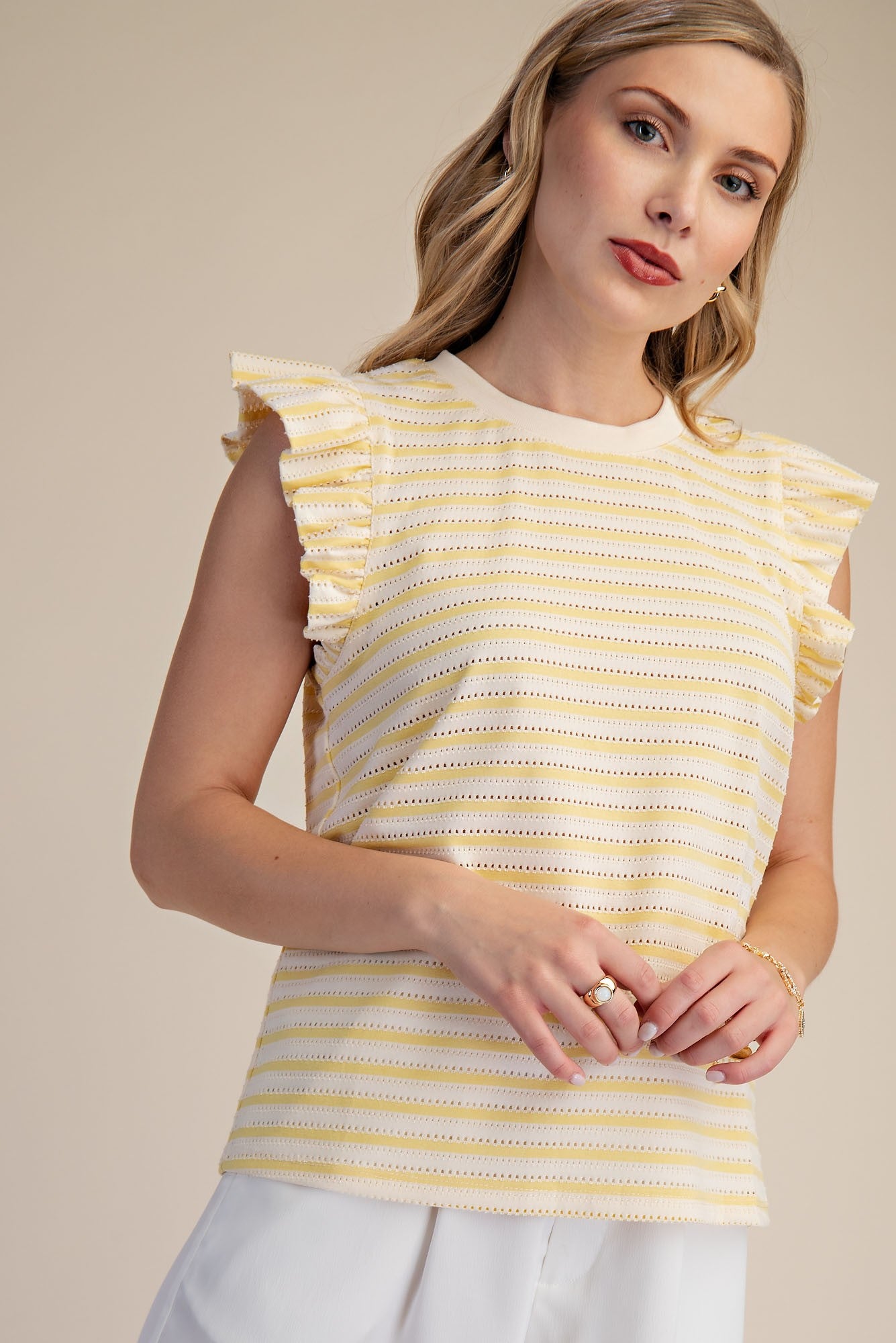 Striped Ruffle Short Sleeve Top - Yellow
