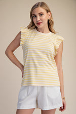 Striped Ruffle Short Sleeve Top - Yellow