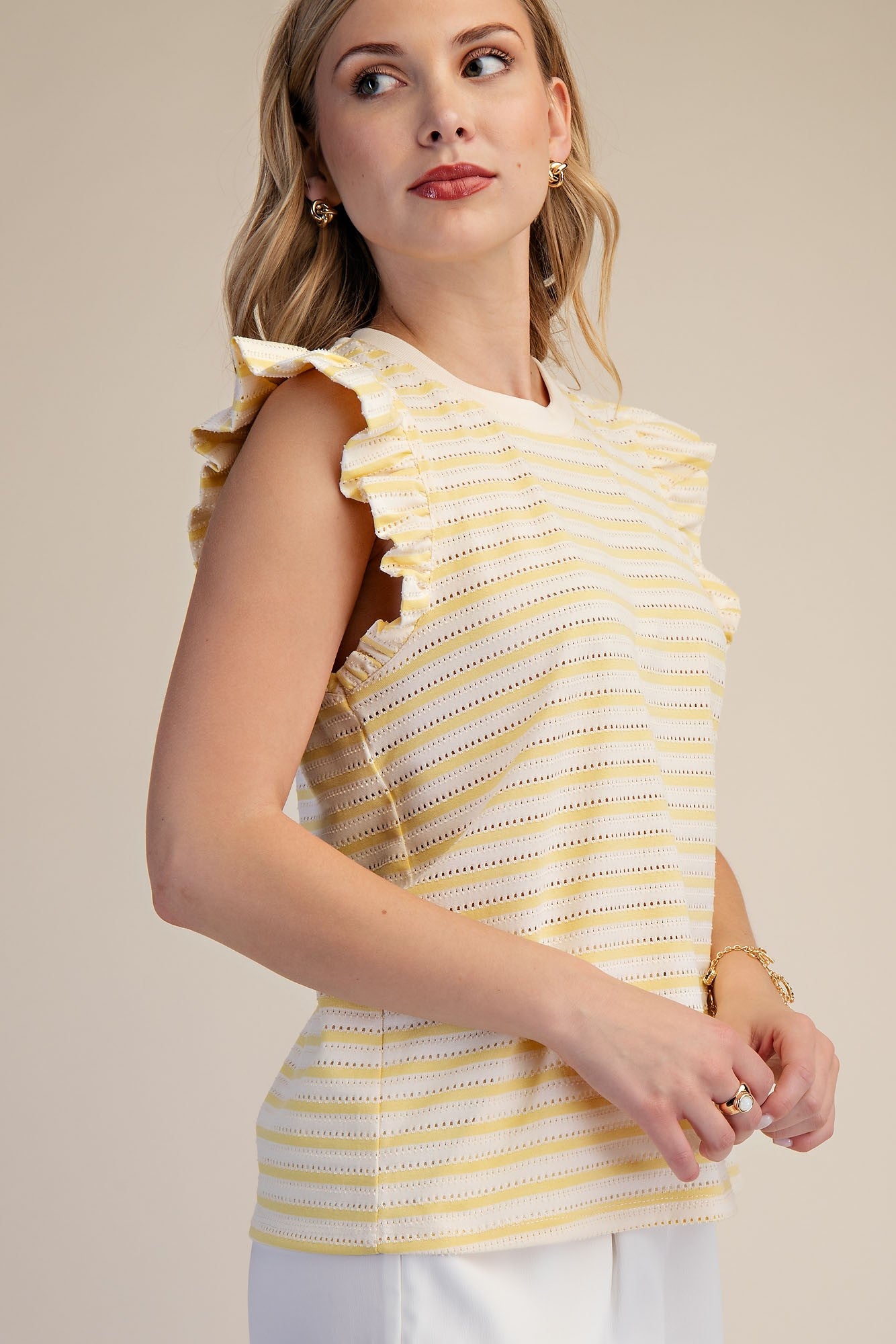 Striped Ruffle Short Sleeve Top - Yellow
