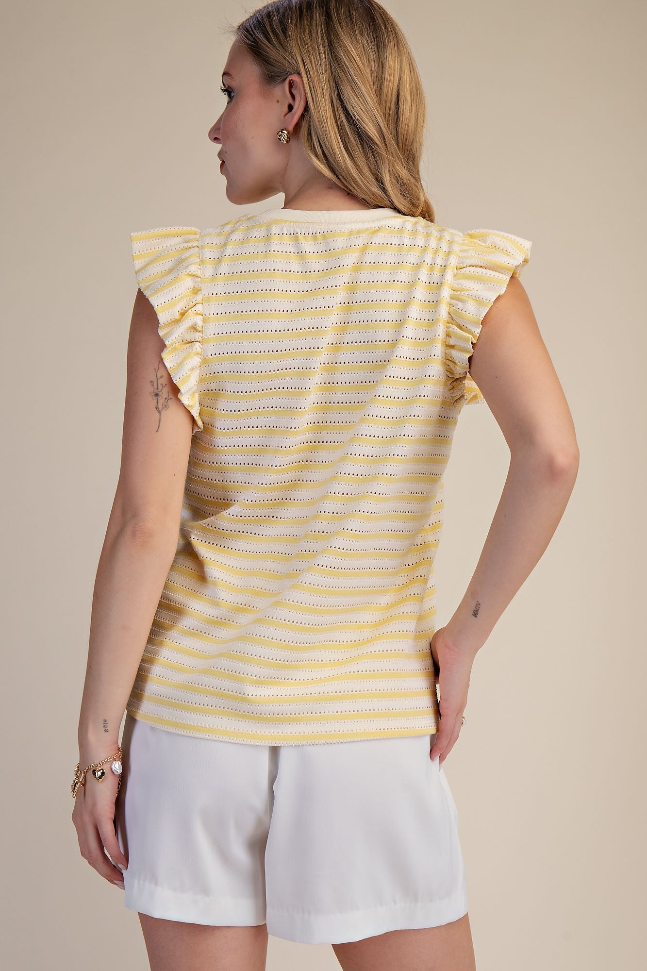 Striped Ruffle Short Sleeve Top - Yellow