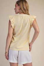 Striped Ruffle Short Sleeve Top - Yellow