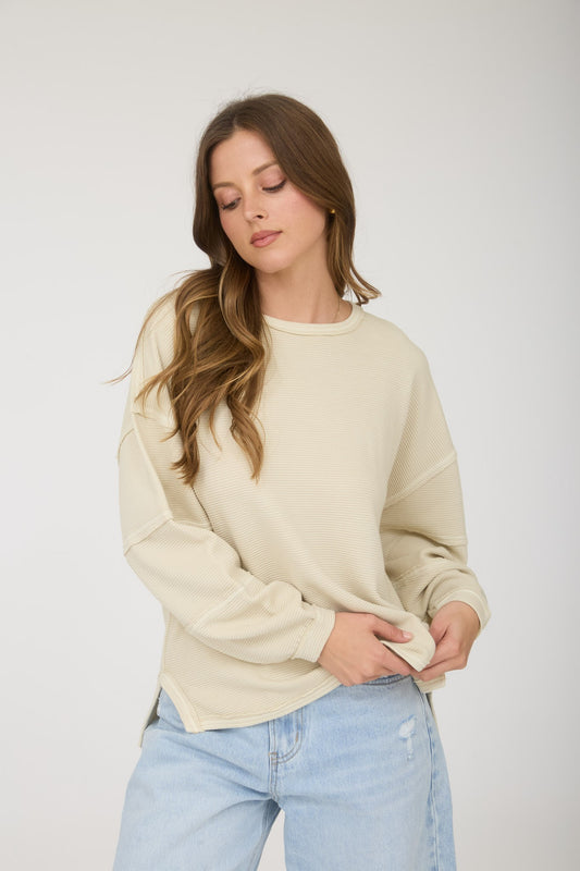 Ribbed Raw Seam Details Long Sleeve - Light Khaki
