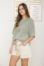 Washed Raw Edge Short Sleeve Sweater - Light Olive