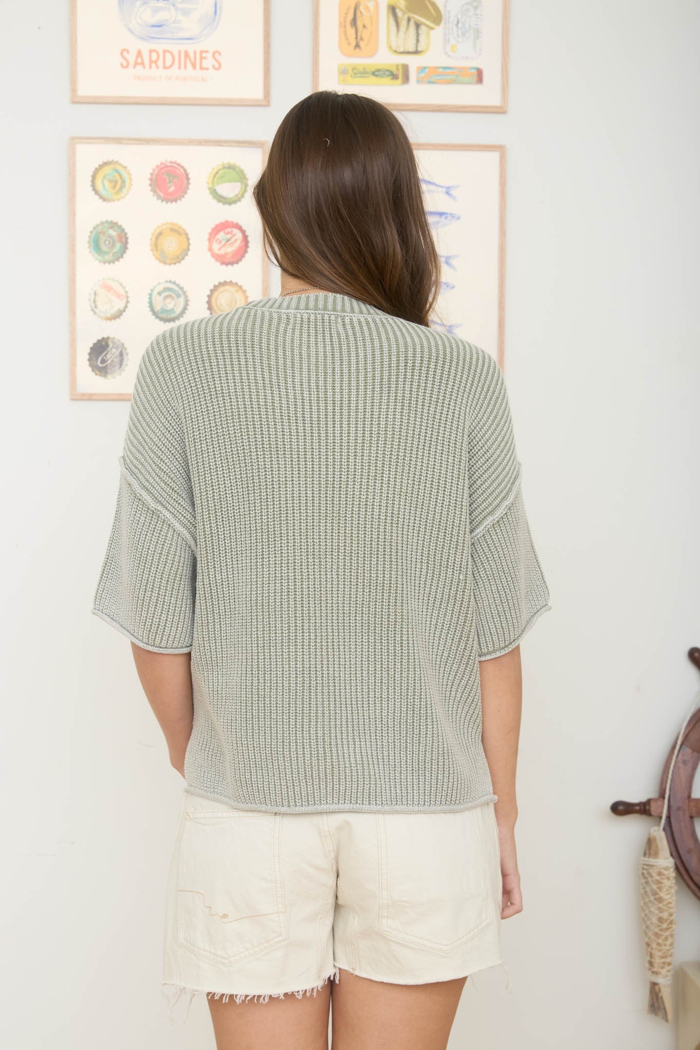 Washed Raw Edge Short Sleeve Sweater - Light Olive