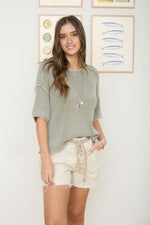 Washed Raw Edge Short Sleeve Sweater - Light Olive
