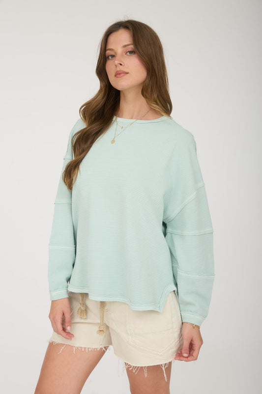 Ribbed Raw Seam Details Long Sleeve - Dusty Mint