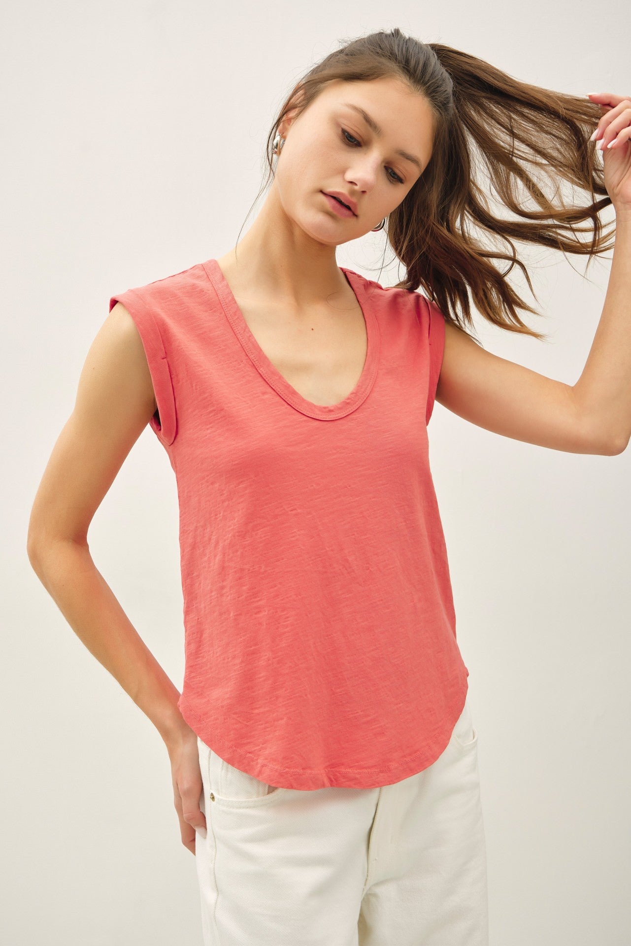 Cap Sleeve Garment Dyed Top - Coral