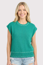 Stitch Detailed Short Sleeve Sweater - Green