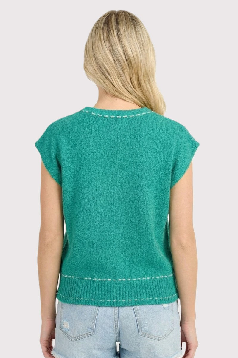 Stitch Detailed Short Sleeve Sweater - Green
