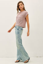 Patch Pocket Dolman Cap Sleeve Boxy Knit Top - Dusty Pink