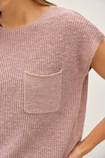 Patch Pocket Dolman Cap Sleeve Boxy Knit Top - Dusty Pink