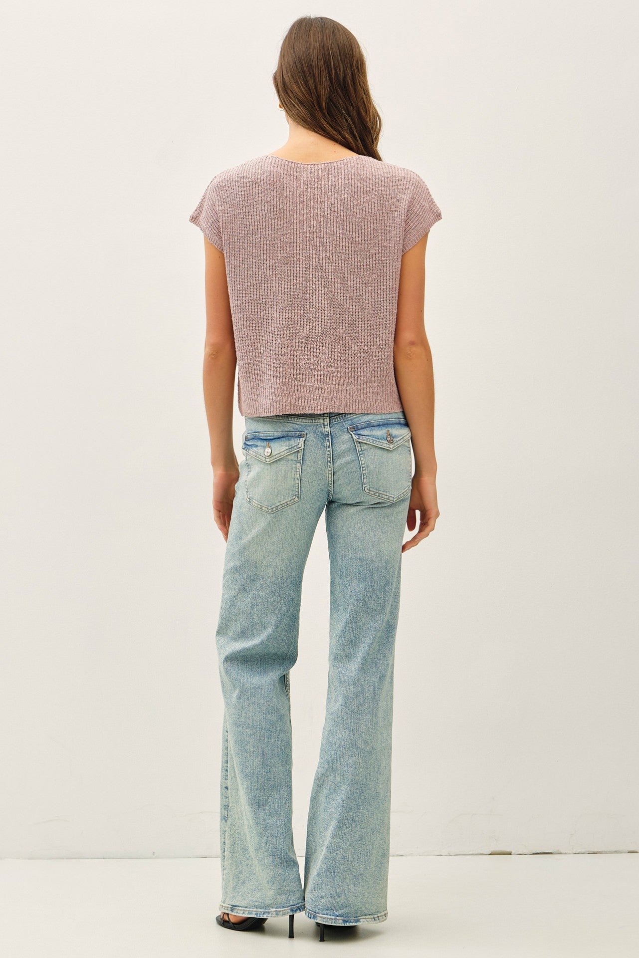 Patch Pocket Dolman Cap Sleeve Boxy Knit Top - Dusty Pink