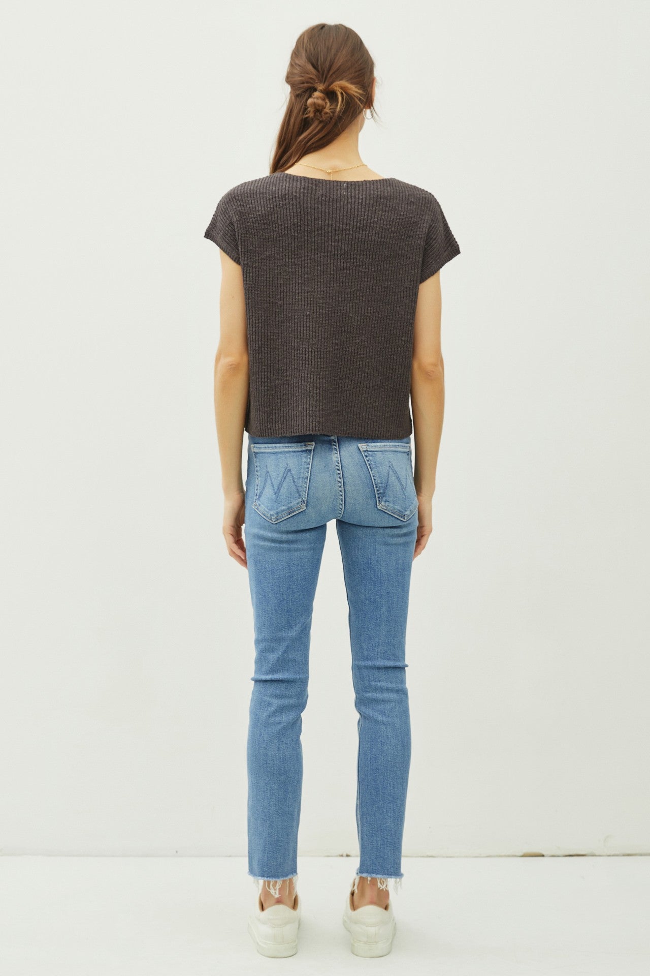 Patch Pocket Dolman Cap Sleeve Boxy Knit Top - Charcoal