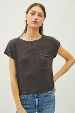 Patch Pocket Dolman Cap Sleeve Boxy Knit Top - Charcoal