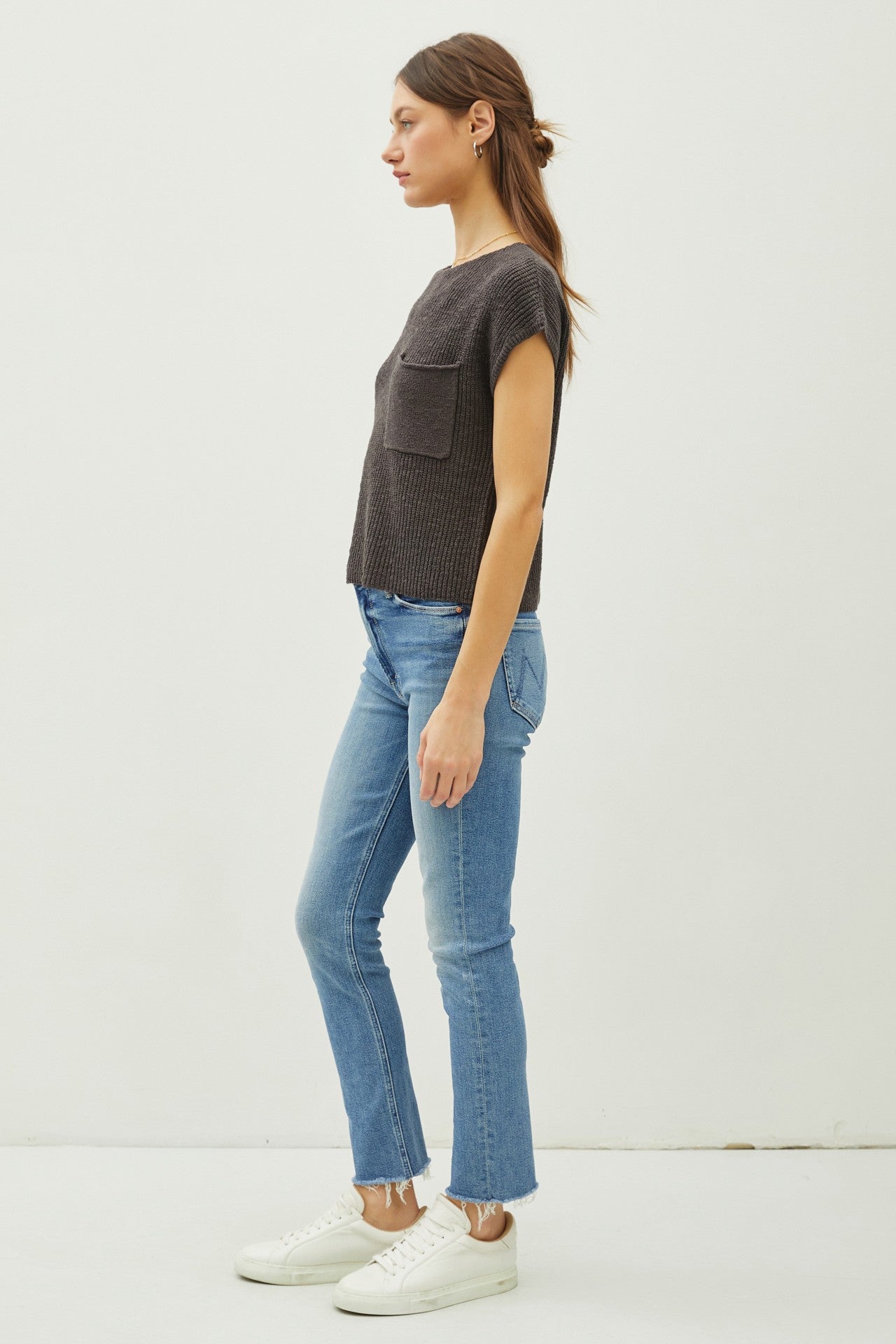 Patch Pocket Dolman Cap Sleeve Boxy Knit Top - Charcoal