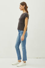 Patch Pocket Dolman Cap Sleeve Boxy Knit Top - Charcoal