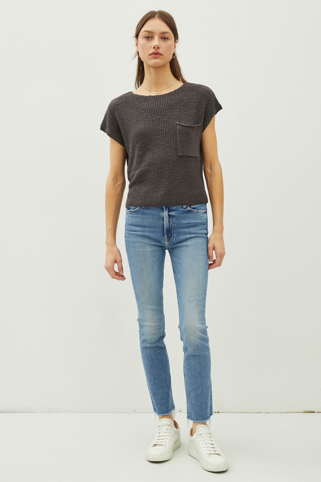 Patch Pocket Dolman Cap Sleeve Boxy Knit Top - Charcoal