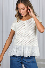Eyelet Lace Ruffle Hem Crochet Sweater - Cream