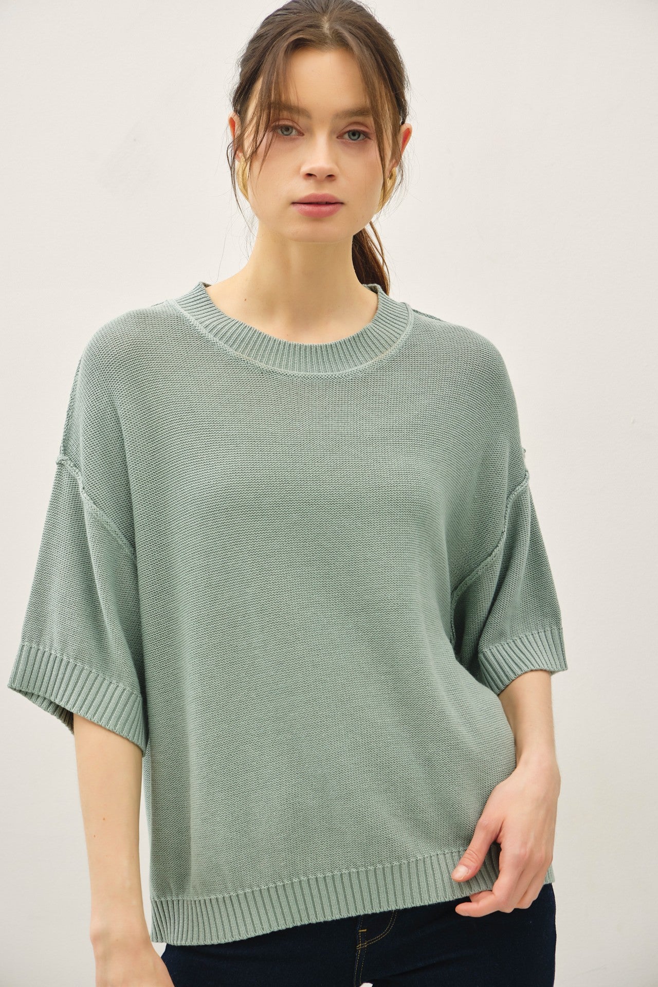 Oversized Raw Edge Sweater Top - Jade
