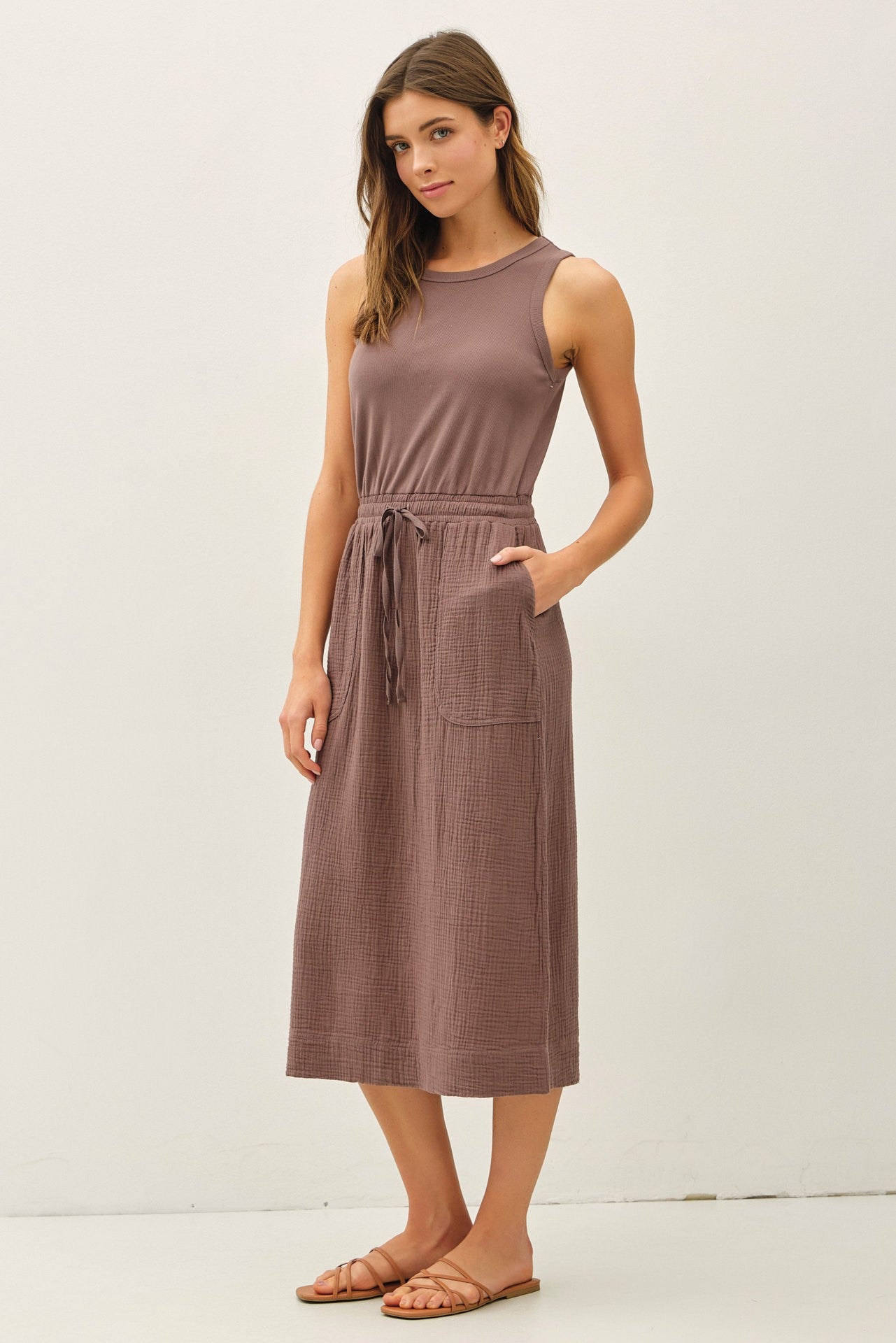 Cotton Ribbed Tank Dress With Gauze Skirt - Choco