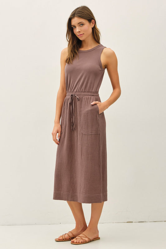 Cotton Ribbed Tank Dress With Gauze Skirt - Choco