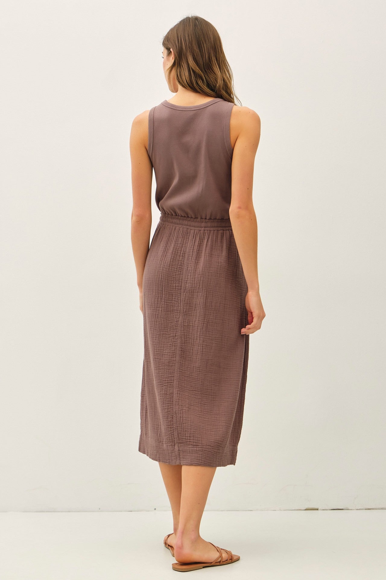 Cotton Ribbed Tank Dress With Gauze Skirt - Choco