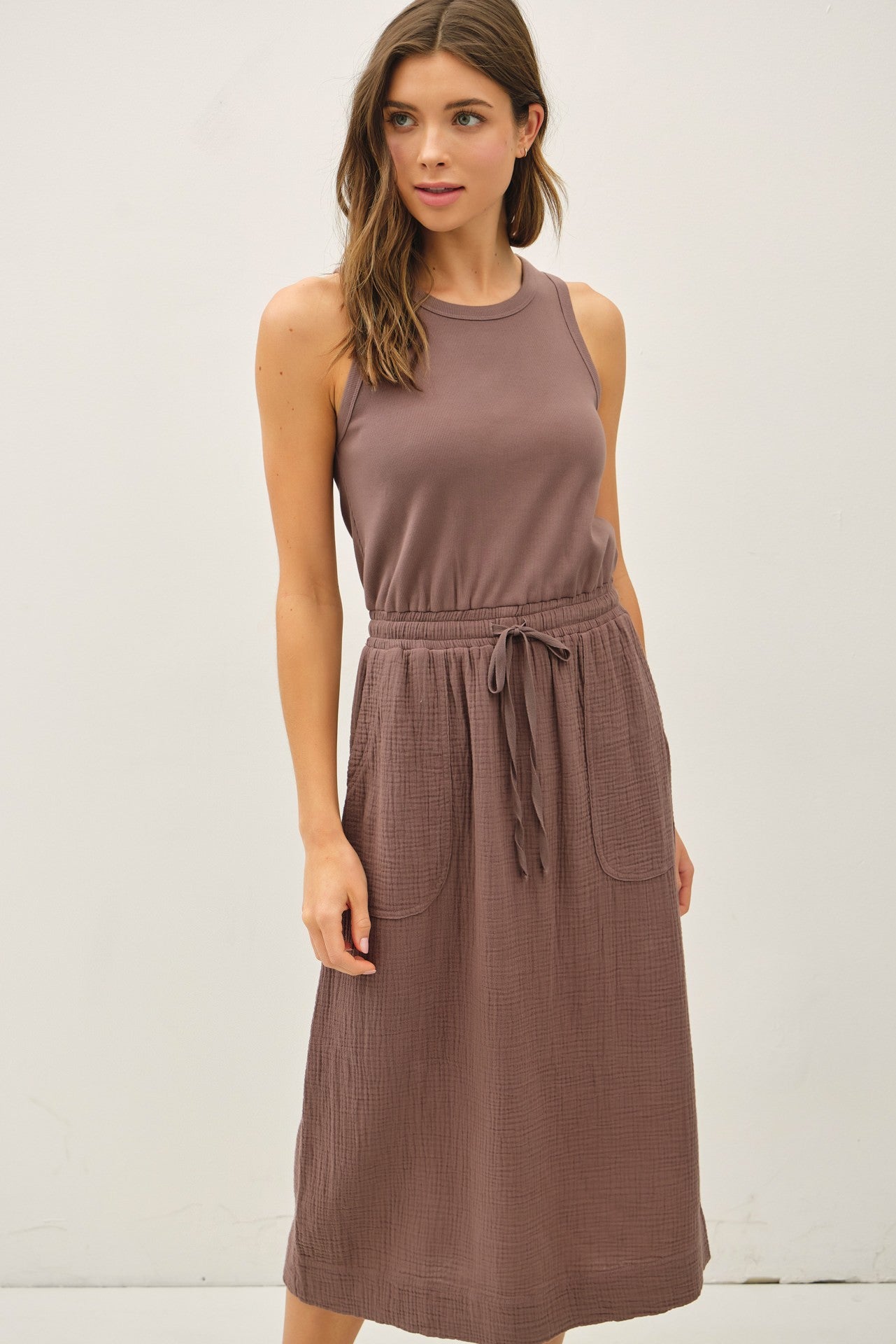 Cotton Ribbed Tank Dress With Gauze Skirt - Choco