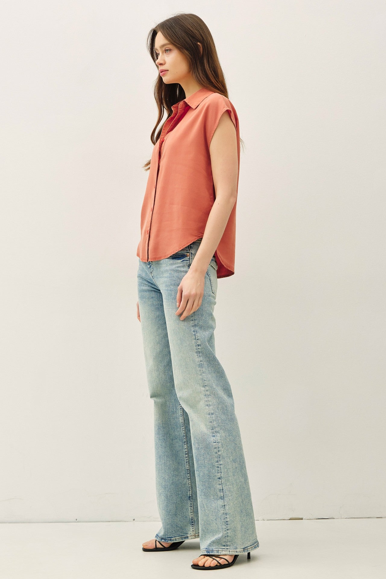 Capped Sleeve Button Up Tencel Shirt - Rust