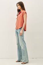 Capped Sleeve Button Up Tencel Shirt - Rust