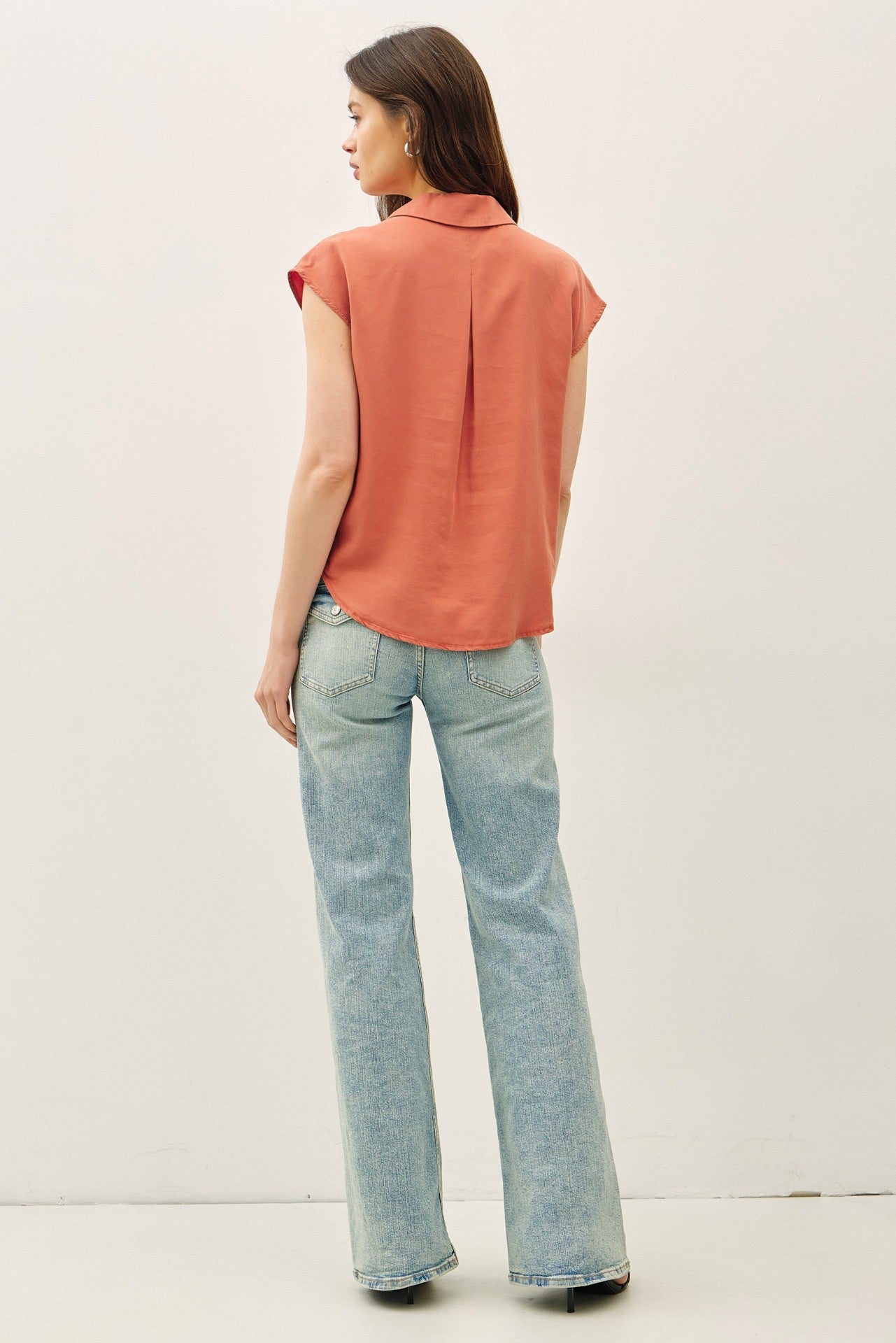 Capped Sleeve Button Up Tencel Shirt - Rust