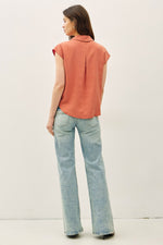 Capped Sleeve Button Up Tencel Shirt - Rust