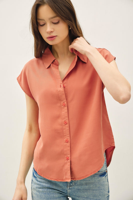 Capped Sleeve Button Up Tencel Shirt - Rust