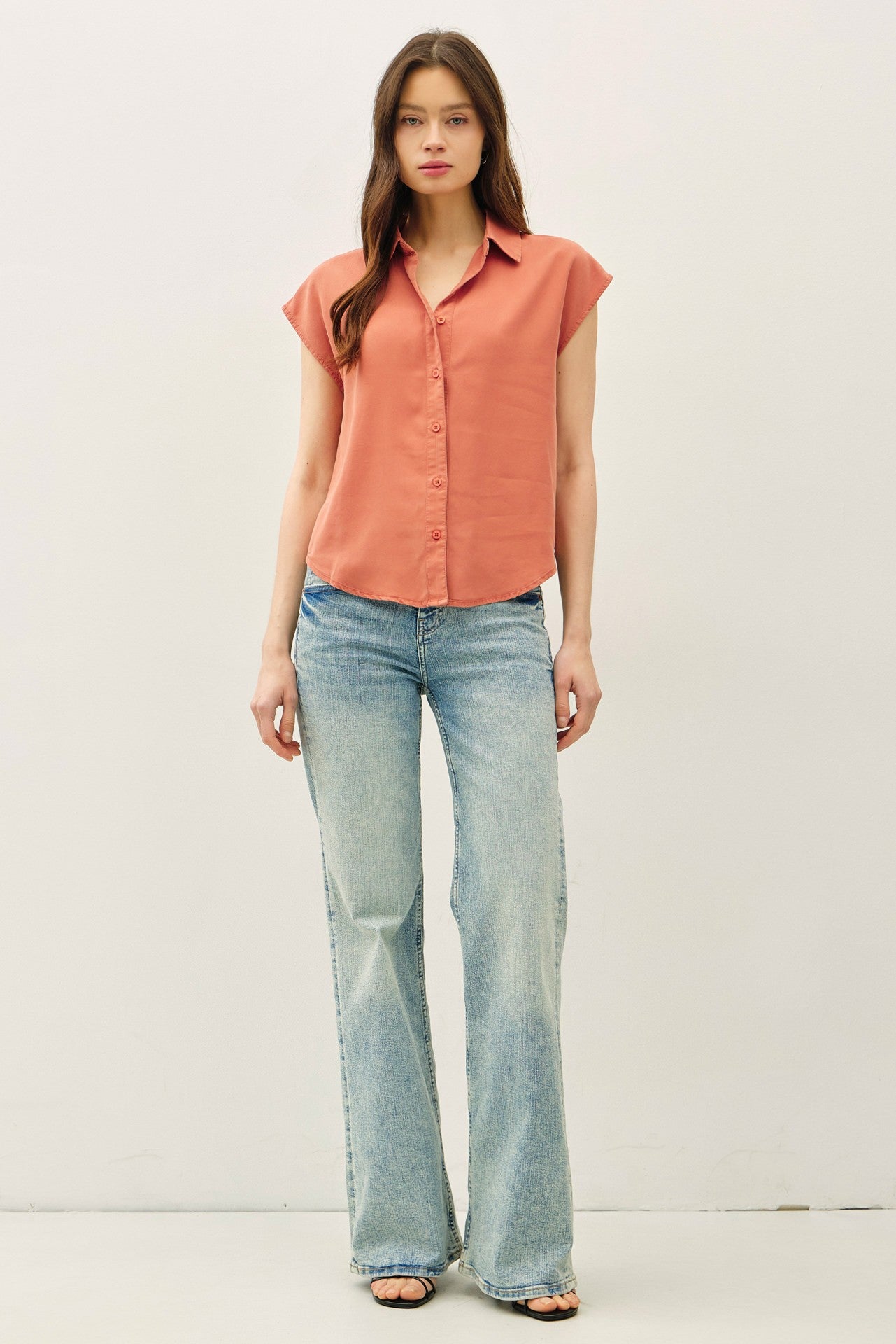 Capped Sleeve Button Up Tencel Shirt - Rust