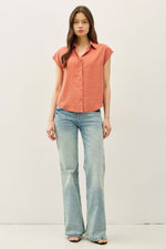 Capped Sleeve Button Up Tencel Shirt - Rust