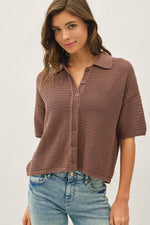 Boxy Crochet Button Up Sweater Shirt - Cocoa