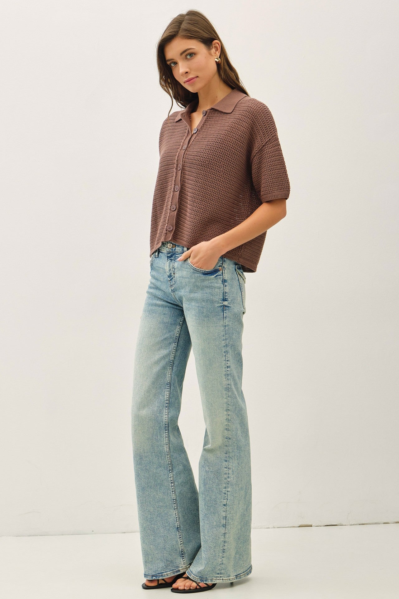 Boxy Crochet Button Up Sweater Shirt - Cocoa