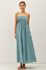 Pintuck Bodice Tie Strap Maxi Dress - Smoky Teal