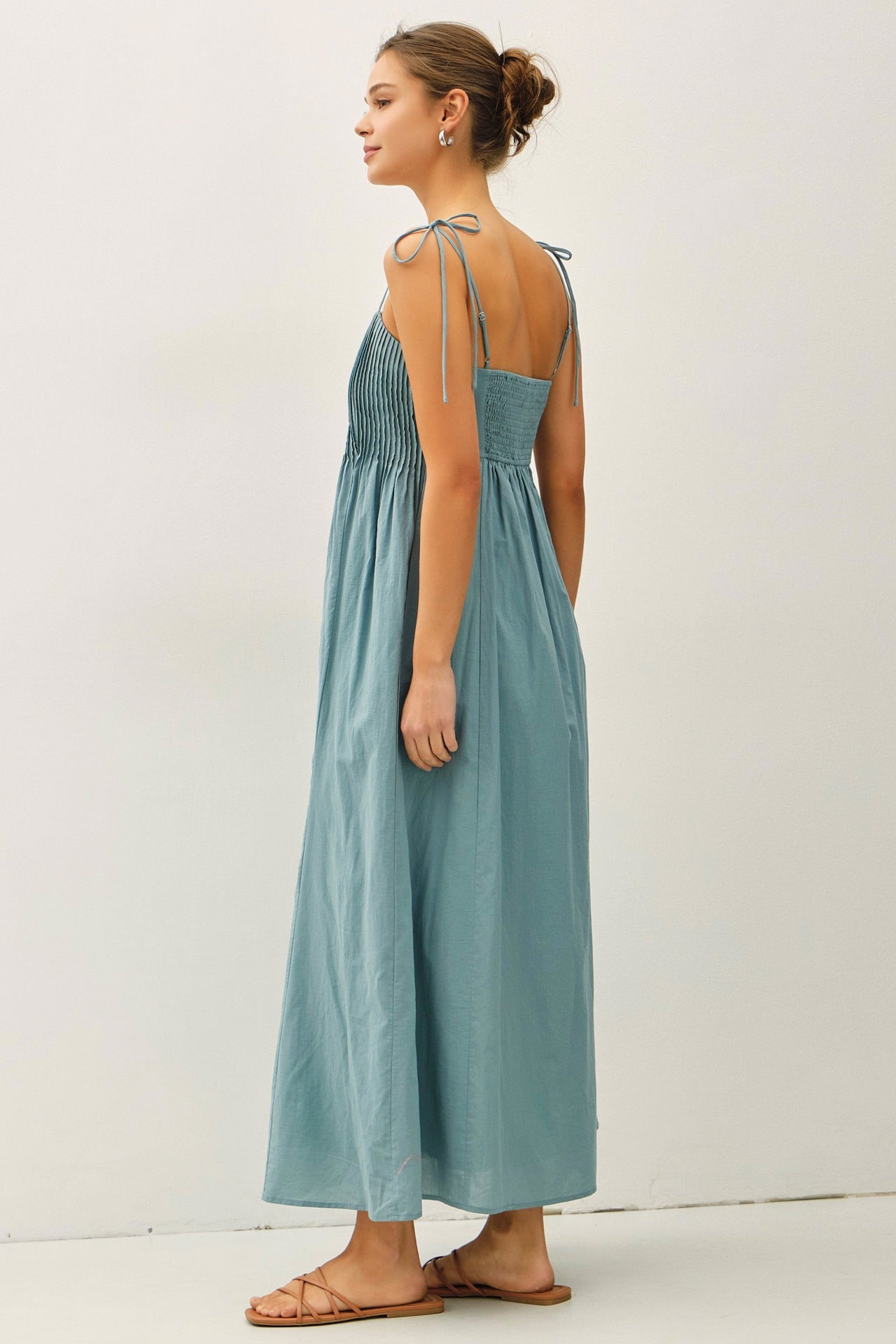Pintuck Bodice Tie Strap Maxi Dress - Smoky Teal
