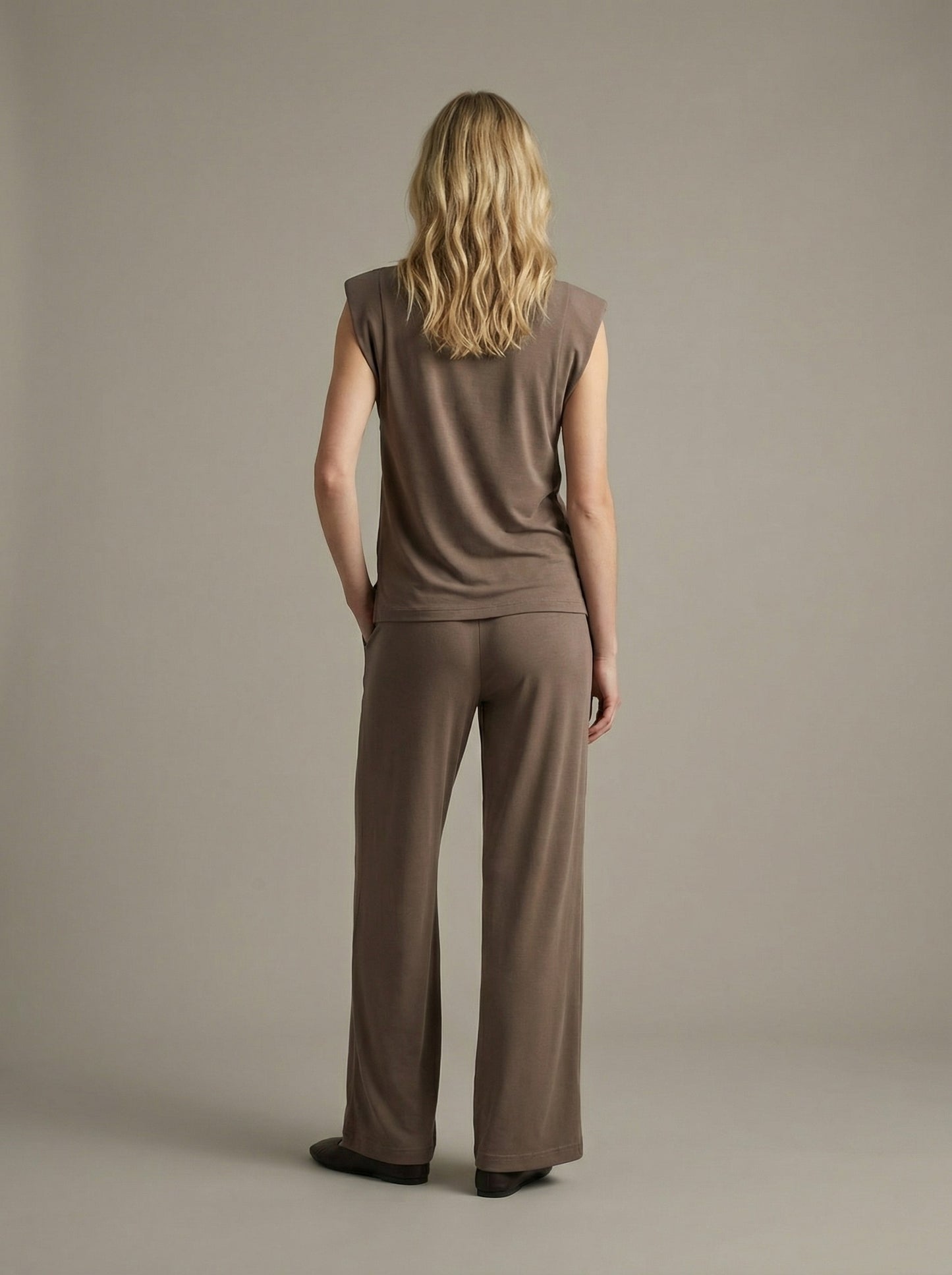 Drawstring Waist Wide-leg Knit Pants - Brown