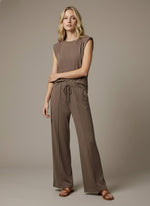 Drawstring Waist Wide-leg Knit Pants - Brown
