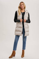 HOODED ZIPPER DOWN LONGLINE PUFFER VEST: Beige