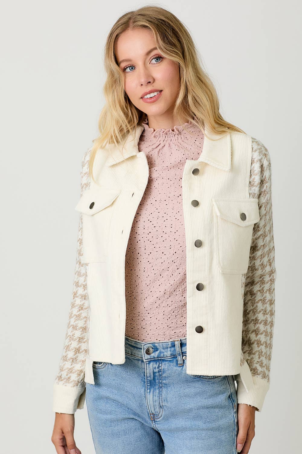 Houndstooth Sleeve Corduroy Jacket: Ivory/Oat