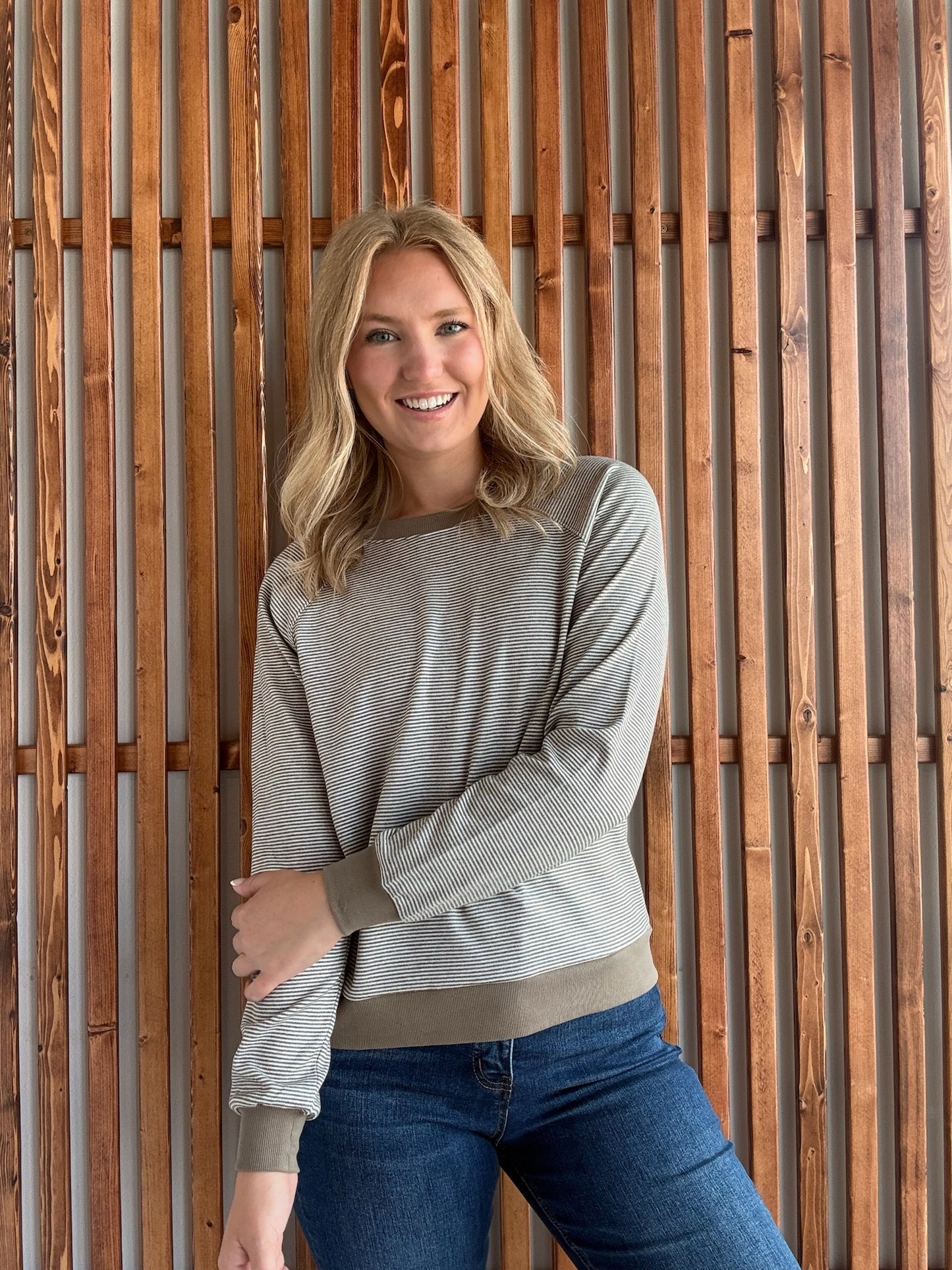 Crew Neck Pinstriped Top- Taupe