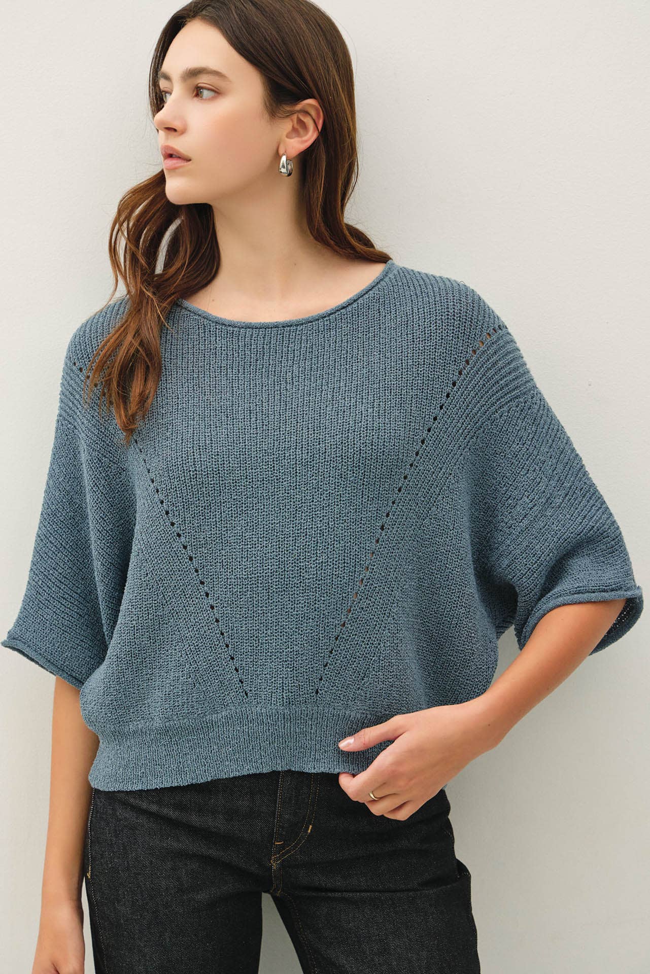 POINTELLE DOLMAN SLEEVE SWEATER: TEAL