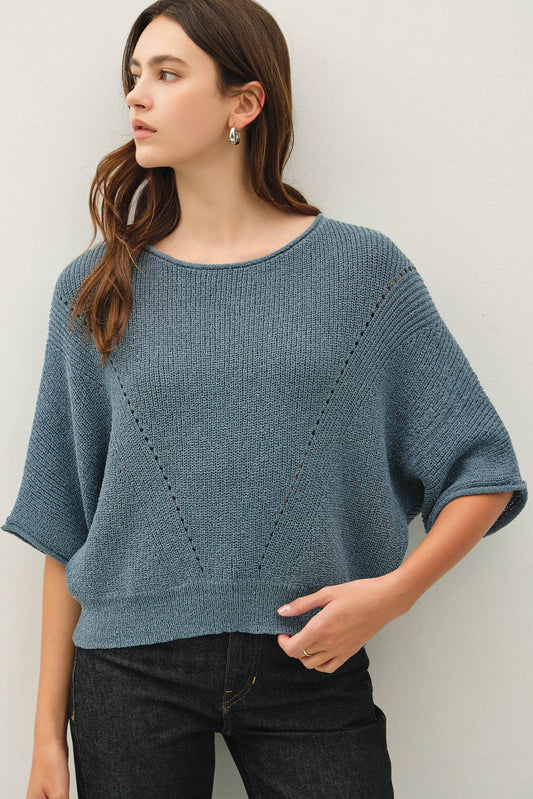 POINTELLE DOLMAN SLEEVE SWEATER: TEAL