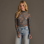 Gray, Orange & Blue Floral Mesh Top