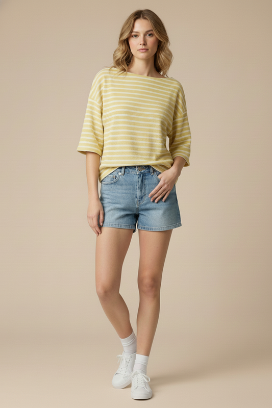 Boat Neck Cloudy Knit Stripe Crop Top: Mellow Yellow